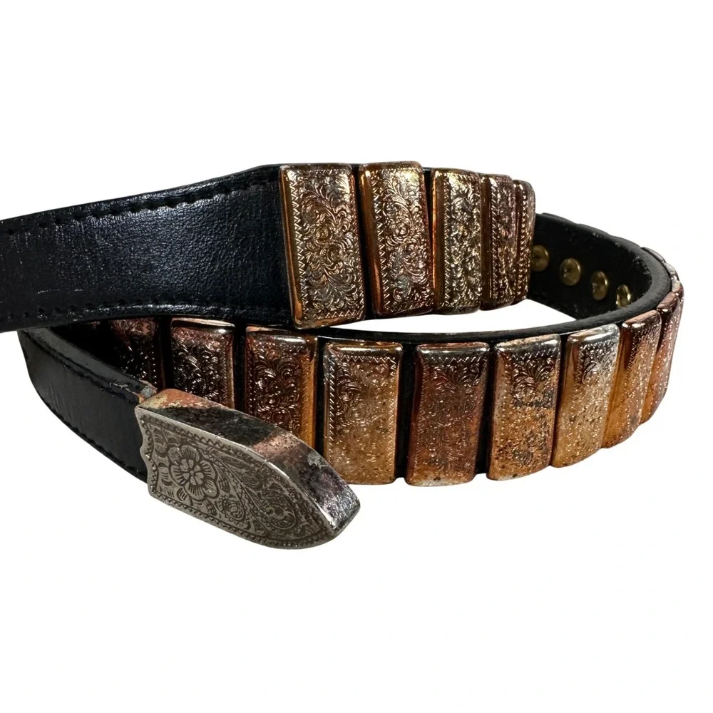 Nocona Belt Co Mens Black‎ Leather Western Belt Silver Copper Ornate Plates 34